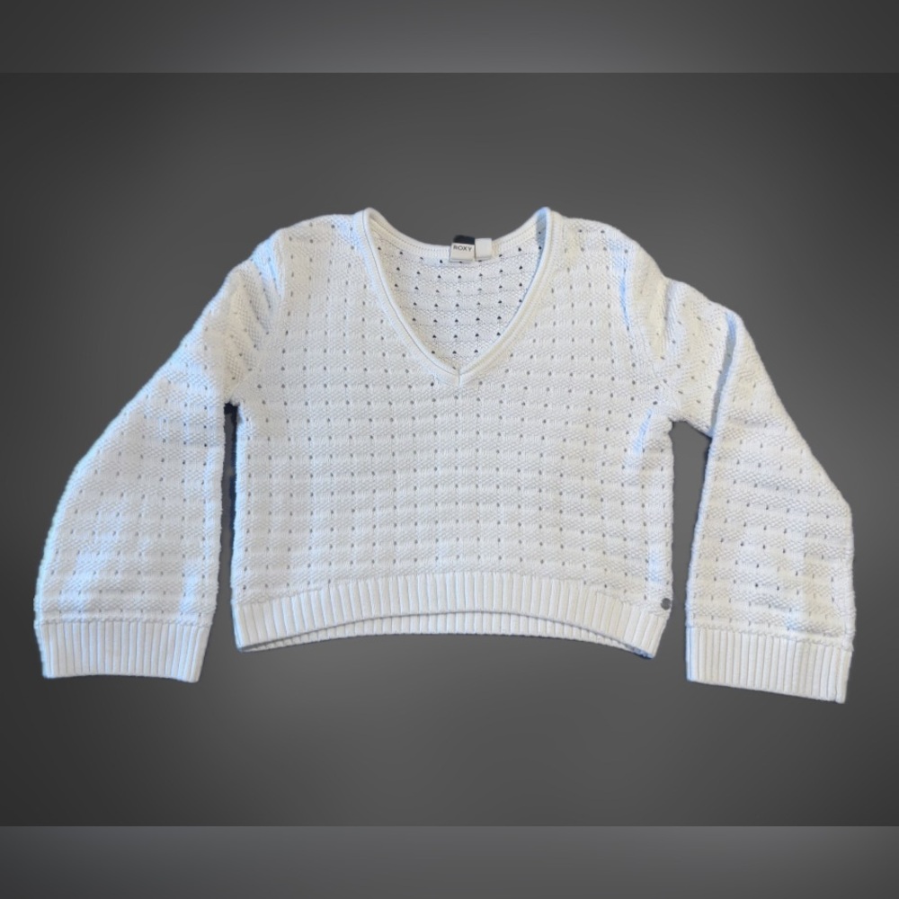 Roxy White V-Neck Knit Sweater with Flared Arms